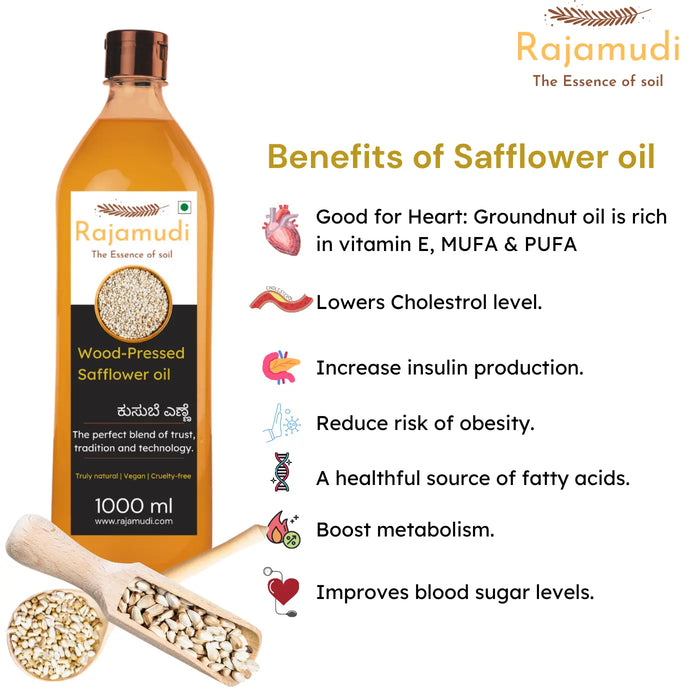 Rajamudi, rajamudi oils, wood pressed coils, rajamudi wood pressed oils, cooking oil, healthy cooking oil, cold pressed oil, vegan oil, rajamudi wood pressed safflower oil, safflower seed, safflower oil, rajamudi safflower oil