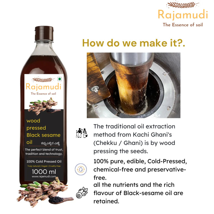 Rajamudi, rajamudi oils, wood pressed coils, rajamudi wood pressed oils, cooking oil, healthy cooking oil, cold pressed oil, vegan oil, sesame, black sesame, black sesame oil, rajamudi black sesame oil