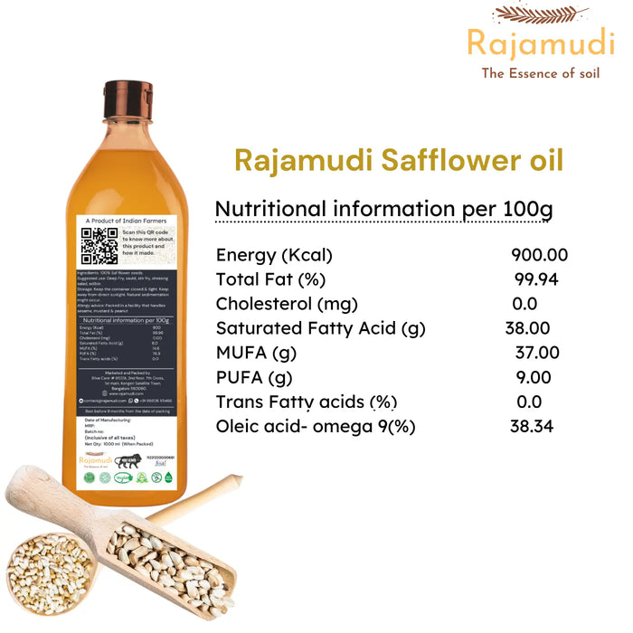 Rajamudi, rajamudi oils, wood pressed coils, rajamudi wood pressed oils, cooking oil, healthy cooking oil, cold pressed oil, vegan oil, rajamudi wood pressed safflower oil, safflower seed, safflower oil, rajamudi safflower oil