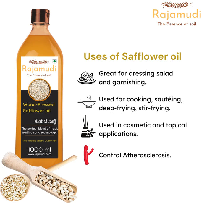 Rajamudi, rajamudi oils, wood pressed coils, rajamudi wood pressed oils, cooking oil, healthy cooking oil, cold pressed oil, vegan oil, rajamudi wood pressed safflower oil, safflower seed, safflower oil, rajamudi safflower oil